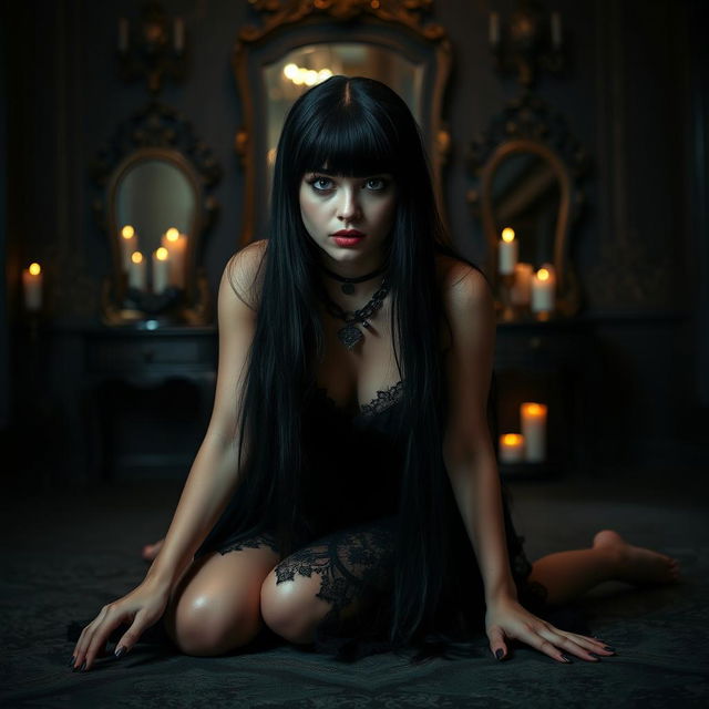 A goth girl on her knees with long black hair, wearing a black lace dress and a leather choker, set in a moody, dimly lit environment