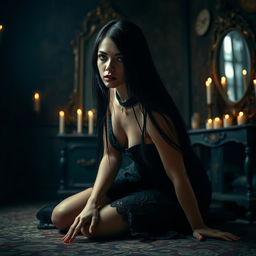 A goth girl on her knees with long black hair, wearing a black lace dress and a leather choker, set in a moody, dimly lit environment