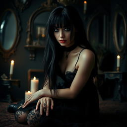 A goth girl on her knees with long black hair, wearing a black lace dress and a leather choker, set in a moody, dimly lit environment