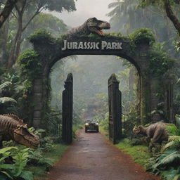 A detailed and vibrant scene from Jurassic Park, featuring lush greenery, towering dinosaurs, and an iconic towering gate with the text 'Jurassic Park'.