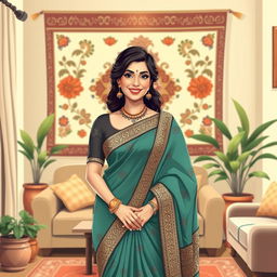 An artistic AI illustration of a trendy bhabhi (sister-in-law), wearing a stylish modern saree with intricate patterns, adorned with elegant jewelry, exhibiting a confident and warm smile