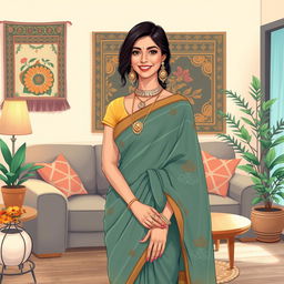 An artistic AI illustration of a trendy bhabhi (sister-in-law), wearing a stylish modern saree with intricate patterns, adorned with elegant jewelry, exhibiting a confident and warm smile