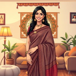 An artistic AI illustration of a trendy bhabhi (sister-in-law), wearing a stylish modern saree with intricate patterns, adorned with elegant jewelry, exhibiting a confident and warm smile