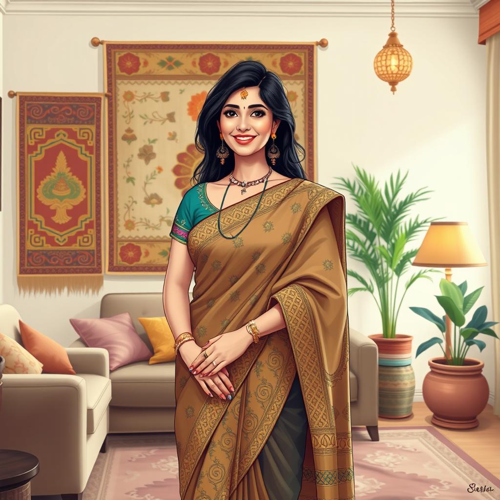 An artistic AI illustration of a trendy bhabhi (sister-in-law), wearing a stylish modern saree with intricate patterns, adorned with elegant jewelry, exhibiting a confident and warm smile