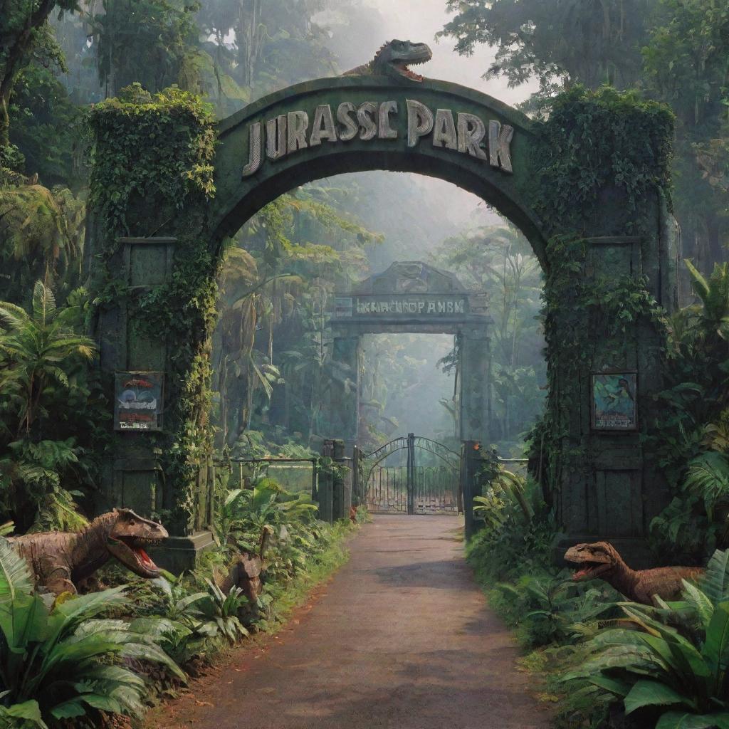 A detailed and vibrant scene from Jurassic Park, featuring lush greenery, towering dinosaurs, and an iconic towering gate with the text 'Jurassic Park'.