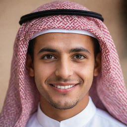 A young Arabic man, dressed in traditional attire, with expressive eyes and a warm smile. He exudes charisma, confidence, and kindness.