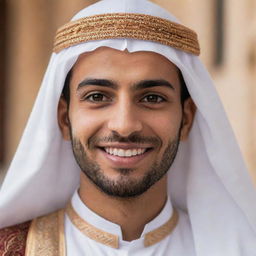 A young Arabic man, dressed in traditional attire, with expressive eyes and a warm smile. He exudes charisma, confidence, and kindness.