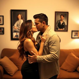 A romantic scene featuring a woman and a man sharing a passionate kiss, set in a cozy living room with warm lighting