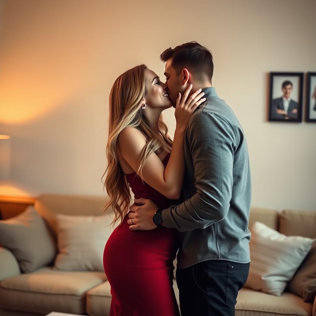 A romantic scene featuring a woman and a man sharing a passionate kiss, set in a cozy living room with warm lighting