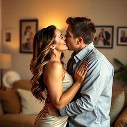 A romantic scene featuring a woman and a man sharing a passionate kiss, set in a cozy living room with warm lighting