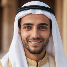 A young Arabic man, dressed in traditional attire, with expressive eyes and a warm smile. He exudes charisma, confidence, and kindness.