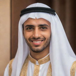 A young Arabic man, dressed in traditional attire, with expressive eyes and a warm smile. He exudes charisma, confidence, and kindness.