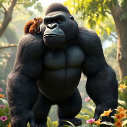 A striking 3D depiction of a full-height gorilla standing proudly, with a cute squirrel perched on its shoulder