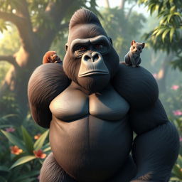 A striking 3D depiction of a full-height gorilla standing proudly, with a cute squirrel perched on its shoulder