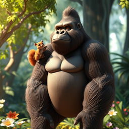 A striking 3D depiction of a full-height gorilla standing proudly, with a cute squirrel perched on its shoulder