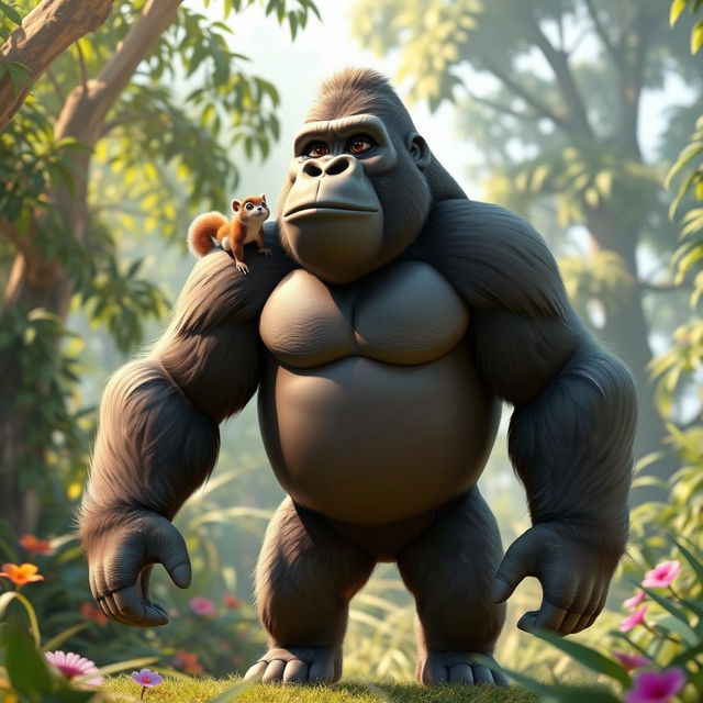 A striking 3D depiction of a full-height gorilla standing proudly, with a cute squirrel perched on its shoulder