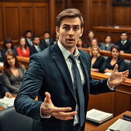 A dynamic scene depicting a determined criminal defense lawyer in a bustling courtroom