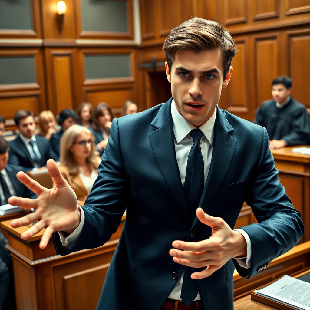 A dynamic scene depicting a determined criminal defense lawyer in a bustling courtroom