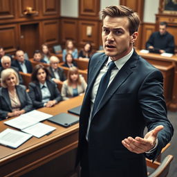 A dynamic scene depicting a determined criminal defense lawyer in a bustling courtroom