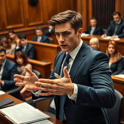 A dynamic scene depicting a determined criminal defense lawyer in a bustling courtroom