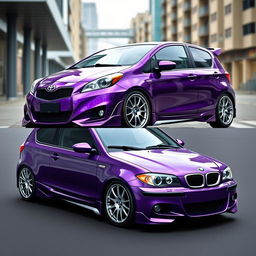 A striking hybrid car design that combines the features of a 2017 Toyota Yaris and a 2003 BMW E46 Compact