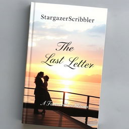 A beautiful book cover featuring a silhouette of a couple standing on a bridge by a riverbank, with the setting sun casting a warm, golden glow behind them