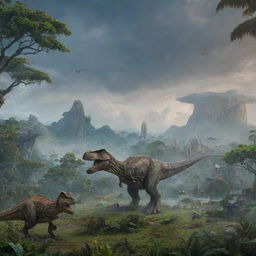 A grand view of Jurassic World with towering dinosaurs, lush ancient trees, and futuristic buildings under a dramatic, cloudy sky
