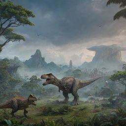 A grand view of Jurassic World with towering dinosaurs, lush ancient trees, and futuristic buildings under a dramatic, cloudy sky