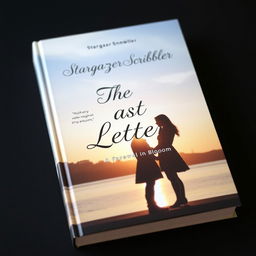 A beautiful book cover featuring a silhouette of a couple standing on a bridge by a riverbank, with the setting sun casting a warm, golden glow behind them