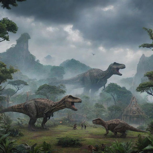 A grand view of Jurassic World with towering dinosaurs, lush ancient trees, and futuristic buildings under a dramatic, cloudy sky