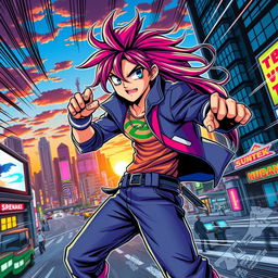 A vibrant and dynamic manga-style scene featuring a heroic character, dressed in a stylish urban outfit with vibrant colors and expressive features