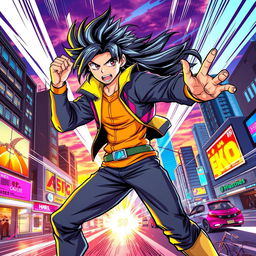 A vibrant and dynamic manga-style scene featuring a heroic character, dressed in a stylish urban outfit with vibrant colors and expressive features