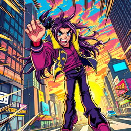 A vibrant and dynamic manga-style scene featuring a heroic character, dressed in a stylish urban outfit with vibrant colors and expressive features