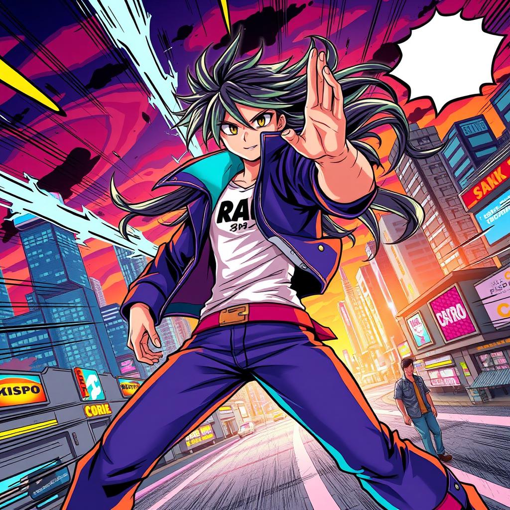 A vibrant and dynamic manga-style scene featuring a heroic character, dressed in a stylish urban outfit with vibrant colors and expressive features