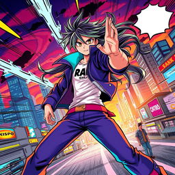 A vibrant and dynamic manga-style scene featuring a heroic character, dressed in a stylish urban outfit with vibrant colors and expressive features