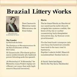 A detailed summary of the five main Brazilian literary works, including the historical context of each book, the main characters, key themes, and the significance of these works in Brazilian literature