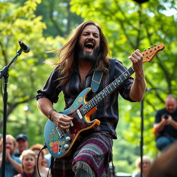 A folk musician passionately playing an electric guitar, showcasing an expressive performance filled with energy