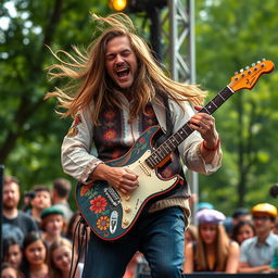 A folk musician passionately playing an electric guitar, showcasing an expressive performance filled with energy