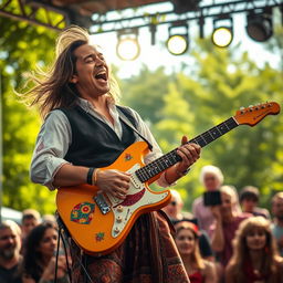 A folk musician passionately playing an electric guitar, showcasing an expressive performance filled with energy