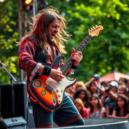 A folk musician passionately playing an electric guitar, showcasing an expressive performance filled with energy