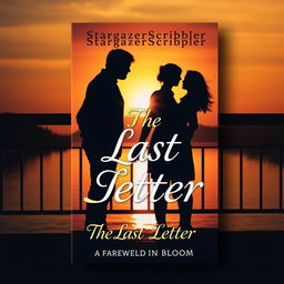 A captivating book cover design for "The Last Letter" featuring a silhouette of a couple, a man and a woman, standing close together on a bridge or by a riverbank