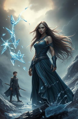 A dramatic fantasy scene depicting a strong female character who has been cursed by protectors for rescuing a girl associated with dark powers