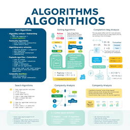 A visually engaging poster about algorithms, integrating various elements that explain key concepts such as sorting algorithms, search algorithms, and complexity analysis