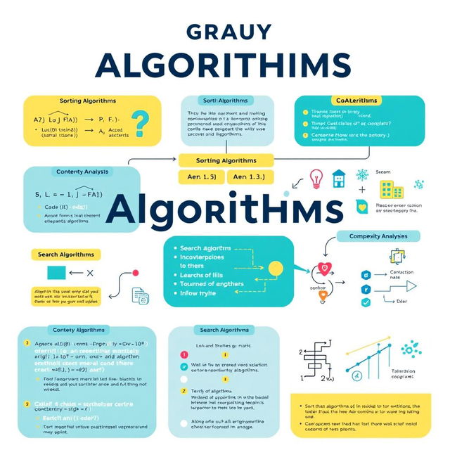 A visually engaging poster about algorithms, integrating various elements that explain key concepts such as sorting algorithms, search algorithms, and complexity analysis