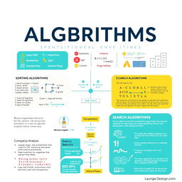 A visually engaging poster about algorithms, integrating various elements that explain key concepts such as sorting algorithms, search algorithms, and complexity analysis