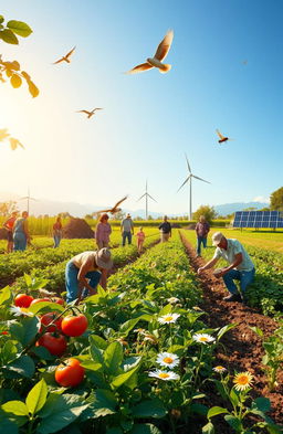 A vibrant, lush scene depicting sustainable agriculture practices