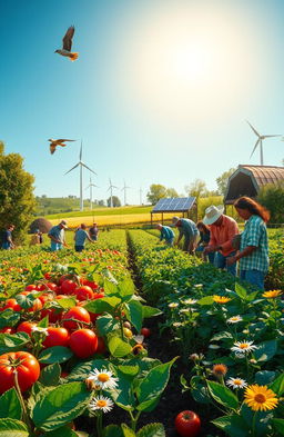 A vibrant, lush scene depicting sustainable agriculture practices