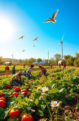 A vibrant, lush scene depicting sustainable agriculture practices