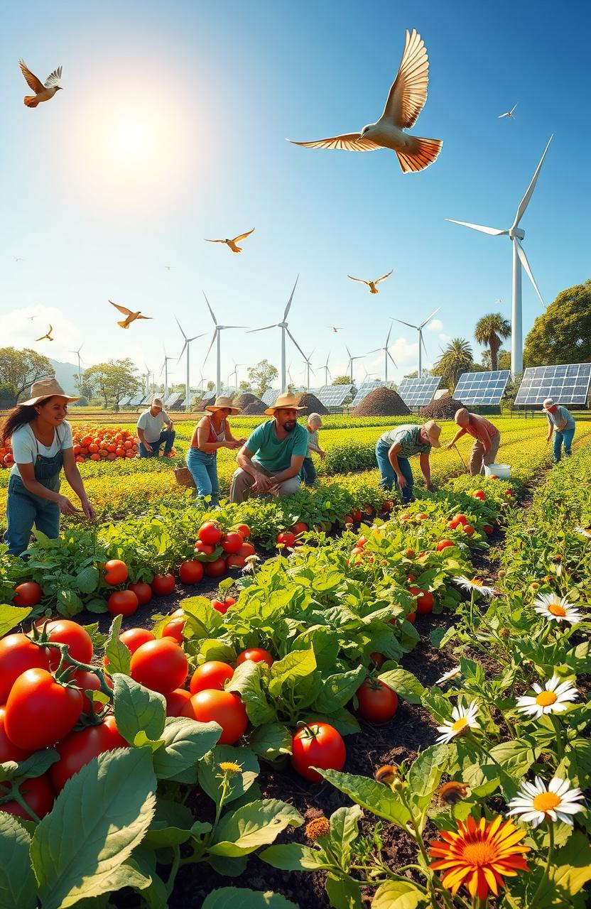 A vibrant, lush scene depicting sustainable agriculture practices