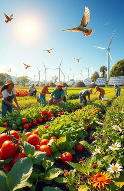 A vibrant, lush scene depicting sustainable agriculture practices